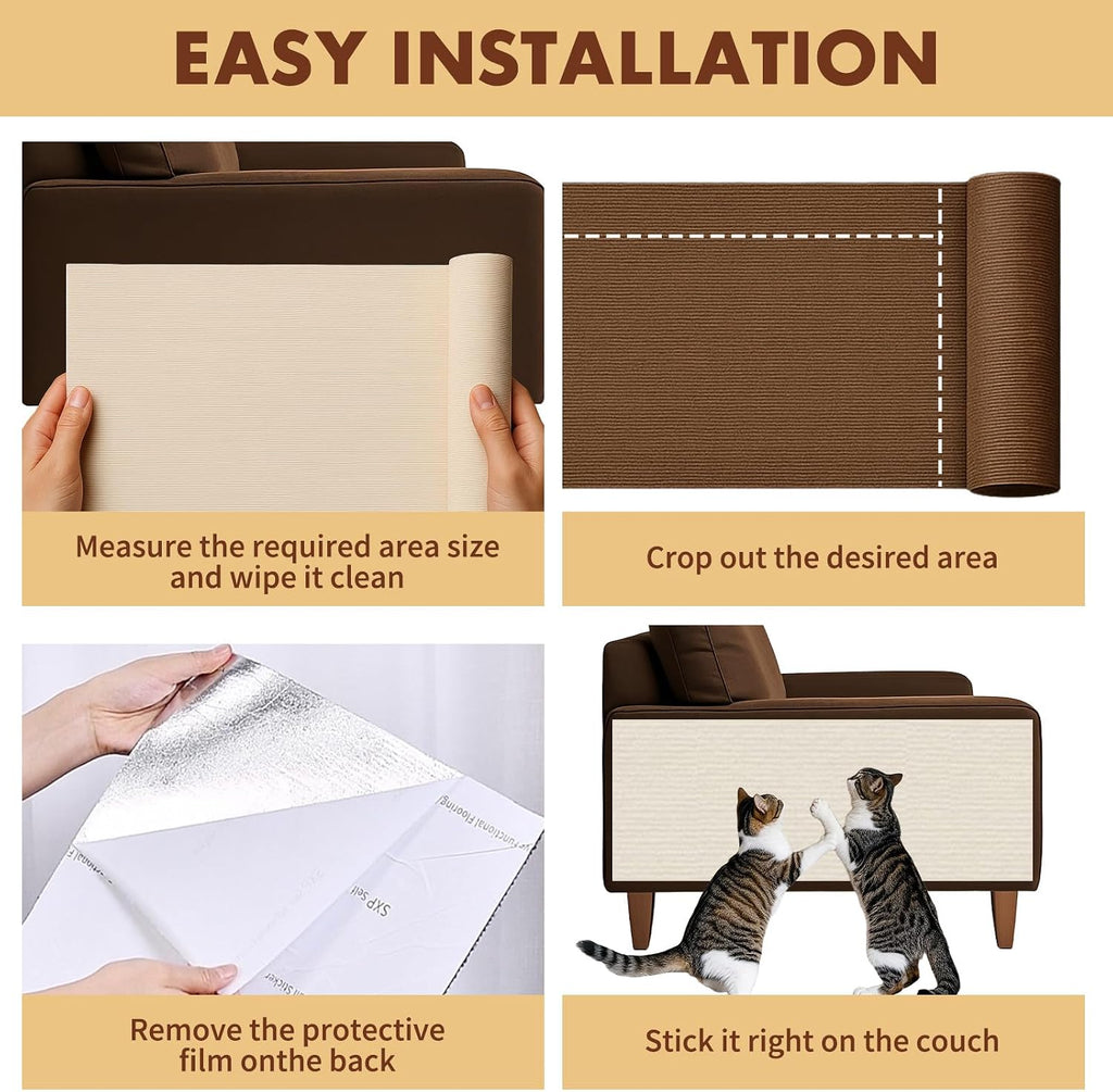 PowerKing Cat Scratch Furniture Protector, 78.7"x15.8" Self-Adhesive Cat Scratch Mat for Couch & Sofa, Trimmable DIY Cat Scratcher Pads for Indoor Cats (Brown)