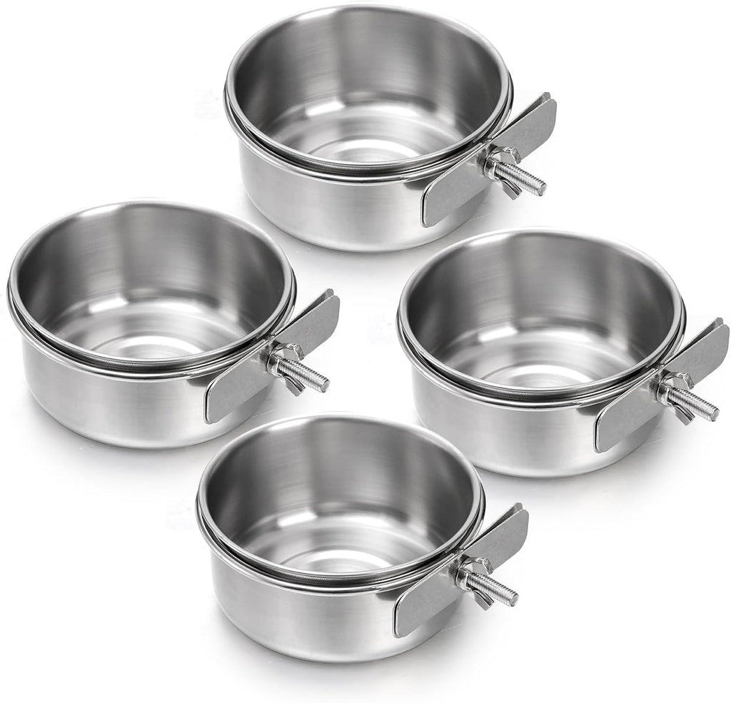 Okllen 4 Pack Bird Feeding Dish Cups, Detachable Stainless Steel Bird Food Bowls with Clamp for Chinchilla Parrot Cockatiel Conure Budgies Parakeet Small Animal