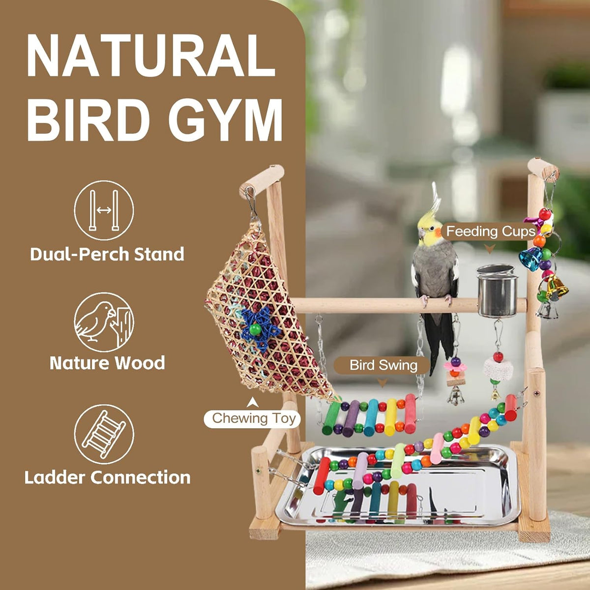 Parrot Playstand Bird Playground, Wooden Bird Perch Gym with Feeder Cups, Swing & Chew Toys, Bird Cage Accessories for Cockatiel Conure Parakeet Lovebird