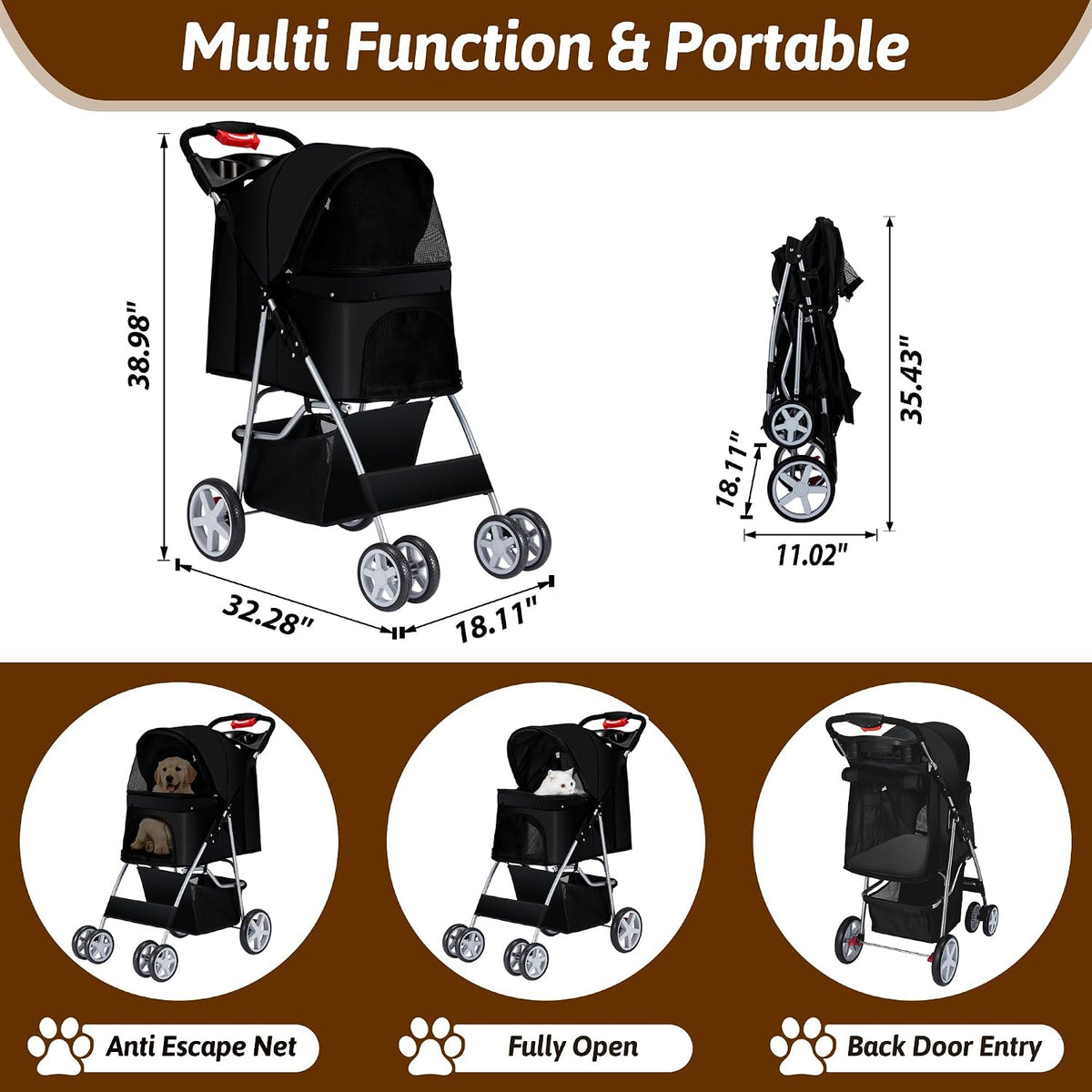 Foldable Pet Stroller 4 Wheels for Small Medium Dogs Cats,Black