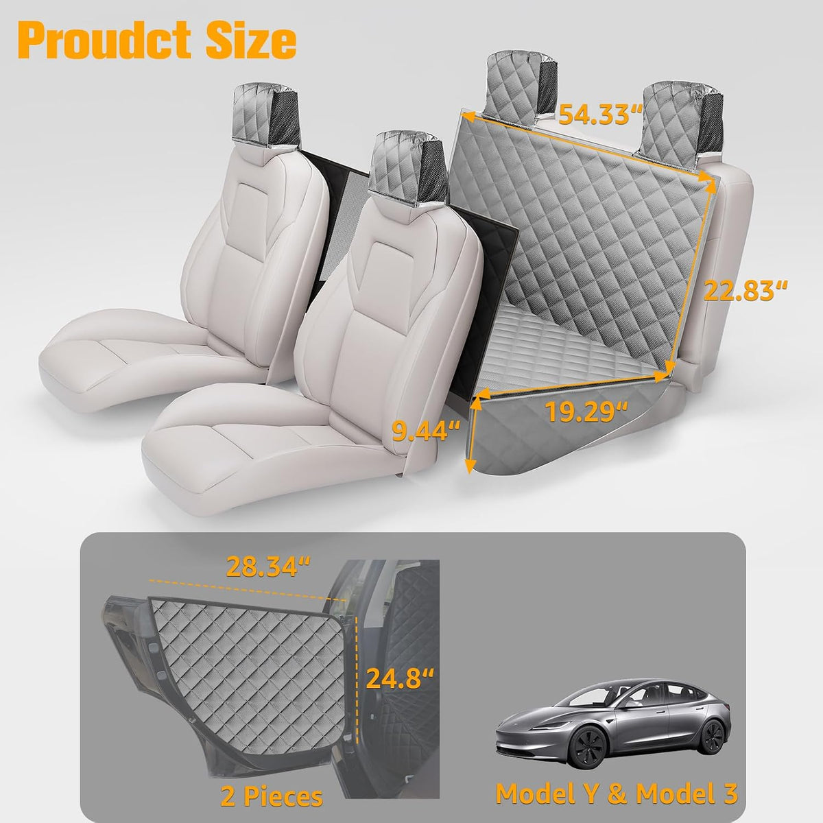 PETICON Dog Seat Cover for Tesla Model 3 & Y Back Seat + 2 Door Protectors