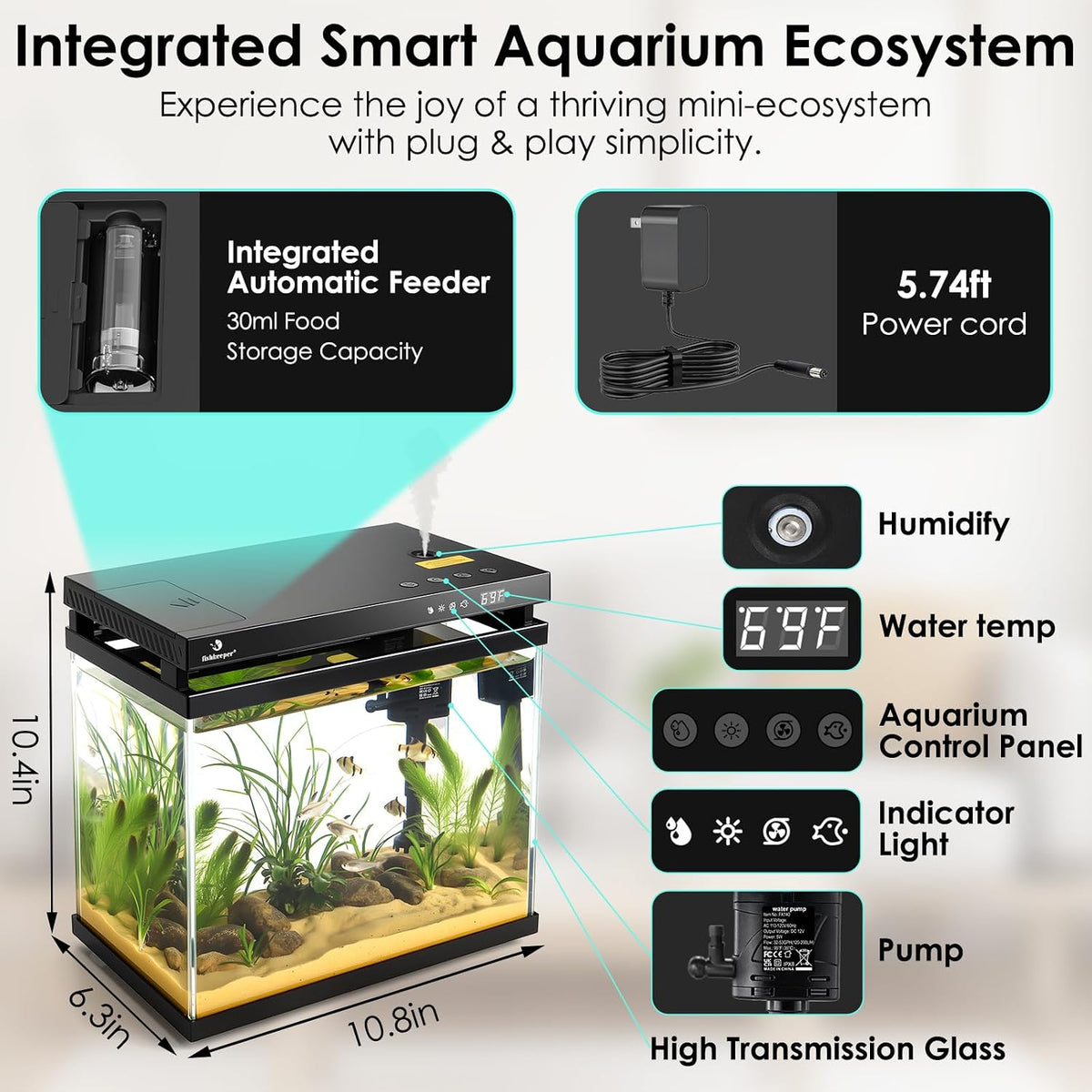 fishkeeper 2.3G Smart Aquarium - HD Glass Fish Tank Kits with Auto Feeder