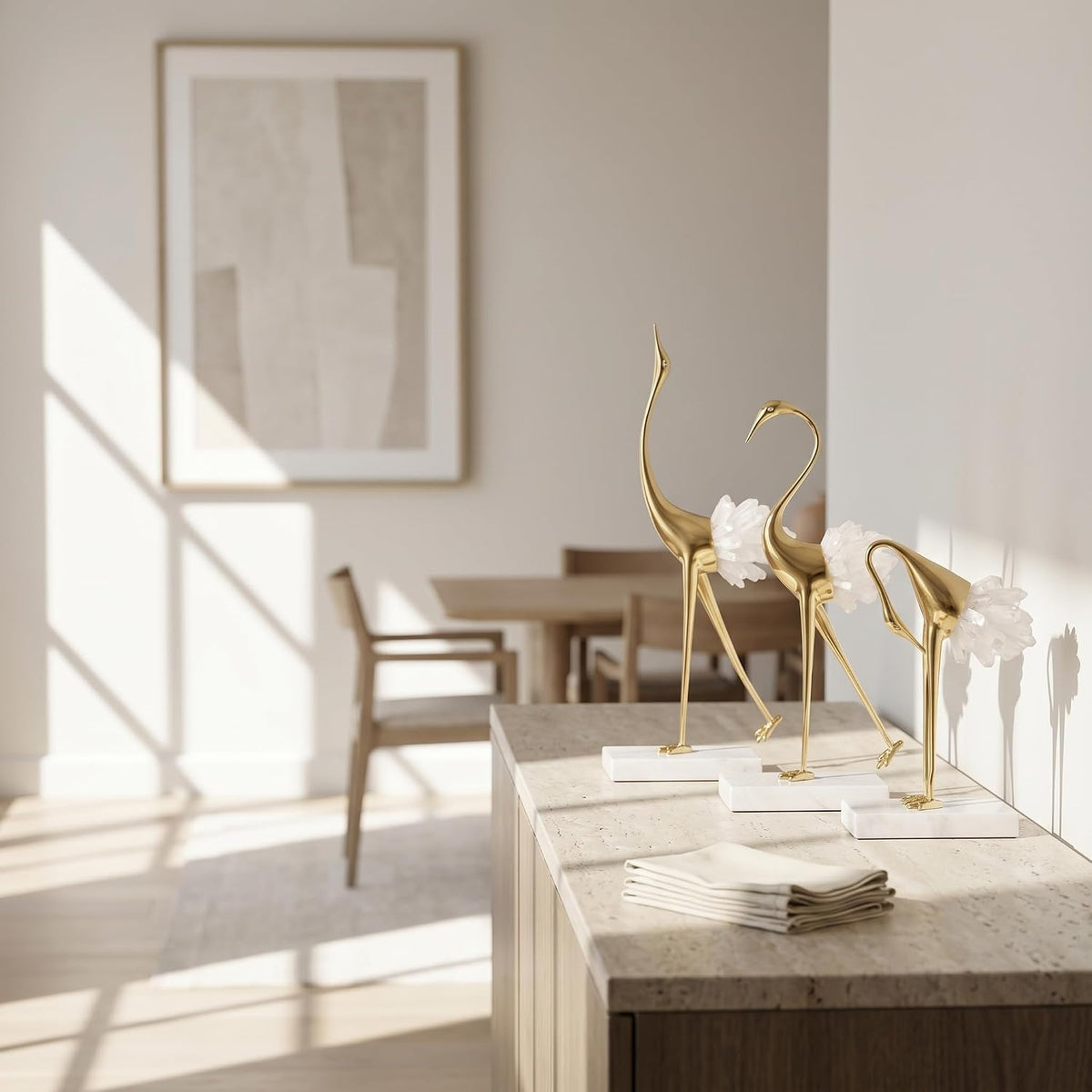 Elegant Gold Crane Bird Statues with Crystal Tail Accents, Decorative Brass Figurines for Home Decor (White C)