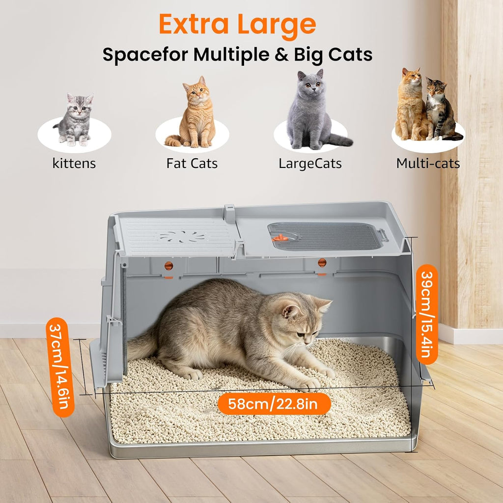XXL Stainless Steel Litter Box with Lid, Enclosed Metal Cat Litter Box, High Sides Anti‑Splash Cat Toilet, Easy Clean Rustproof Stainless Steel Litter Pan for Large Cats Multiple Cats