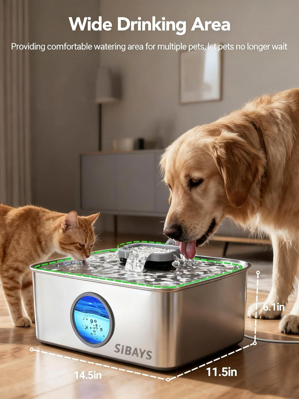 SIBAYS 4Gal/15L Dog Water Fountain, Stainless Steel Large Capacity Pet Water Fountain with Water Level LED Light, Automatic Quiet Dog Water Bowl Dispenser for Large Dogs & Multi-Pet Easy to Clean FS79