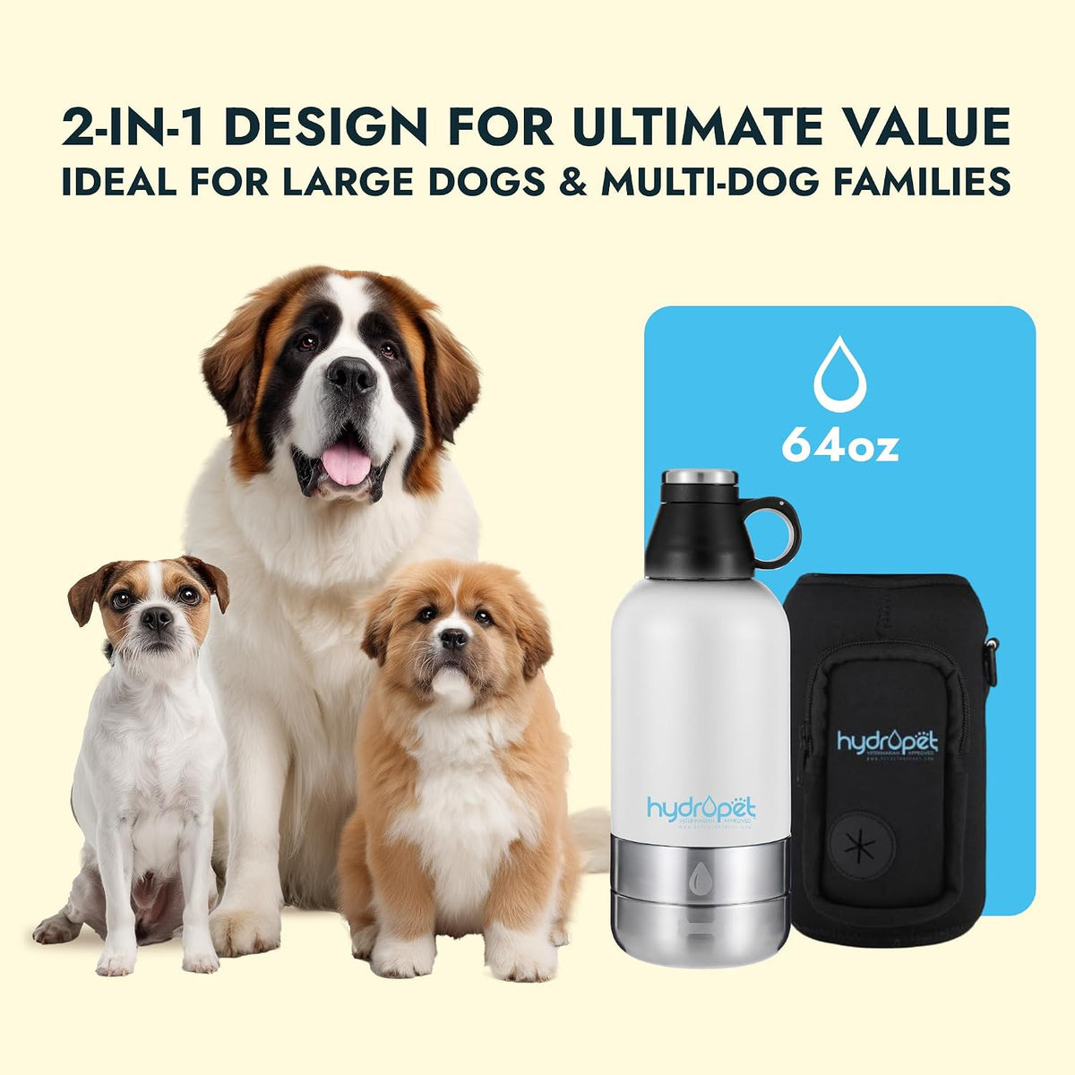 HydroPet Vet-Approved 32 Oz Dog Water Bottle – Stainless Steel Portable Dog Water Bottle, Insulated Canine Travel Dispenser with Detachable Food & Water Bowls, Carry Bag & Adjustable Shoulder Strap