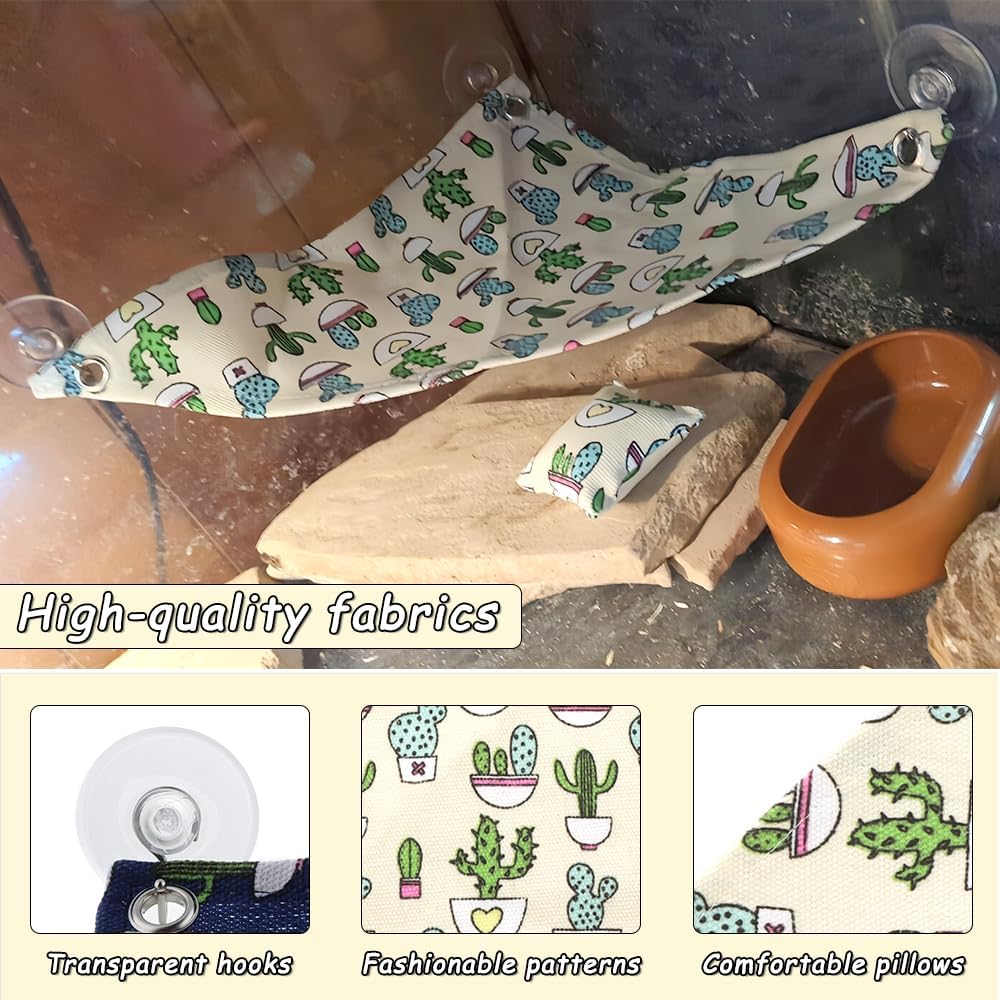 DQITJ 2 Pcs Reptile Hammock with Small Pillow Swing Hanging Bed Lounger Ladder with Adhesive Hooks and Suction Hook for Lizard Leopard Gecko Bearded Dragon Rat (Beige and Blue)