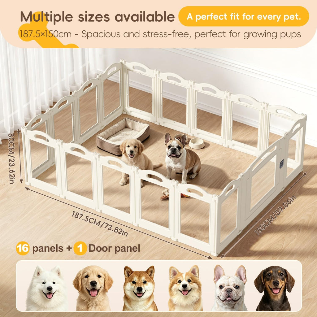 Foldable Clear Acrylic Dog Playpen with Door, 23.6" Acrylic Puppy Playpen, Easy Assemble Indoor Pet Fence with White Frame, Clear Dog Playpen for Puppies & Animal (White, 23.6‘H, 16 Panels + 1 Door)