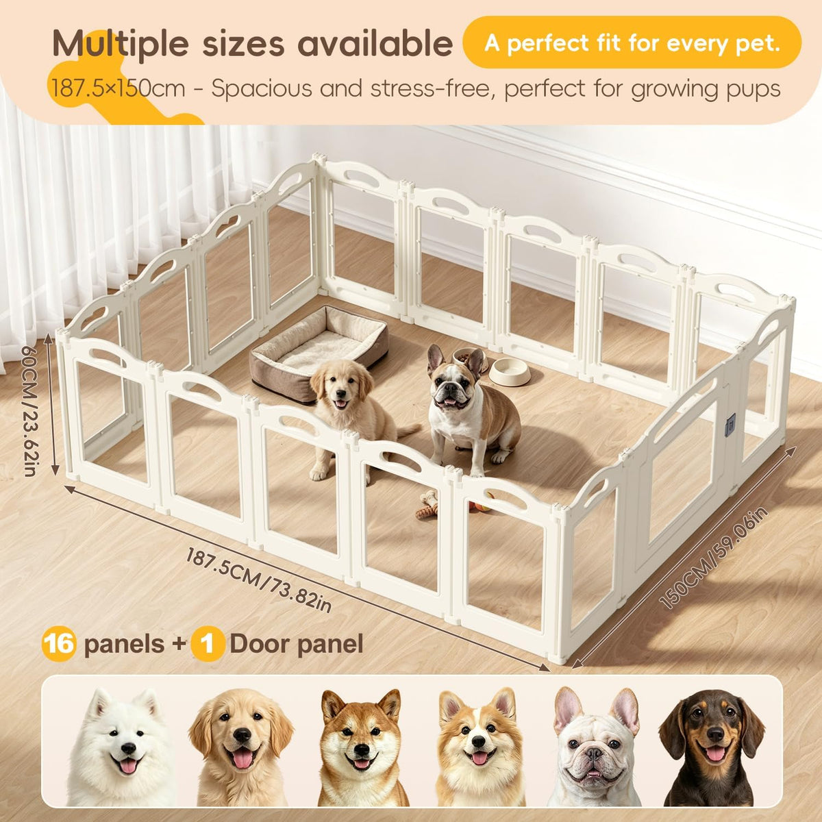 Foldable Clear Acrylic Dog Playpen with Door, 23.6" Acrylic Puppy Playpen, Easy Assemble Indoor Pet Fence with White Frame, Clear Dog Playpen for Puppies & Animal (White, 23.6‘H, 16 Panels + 1 Door)