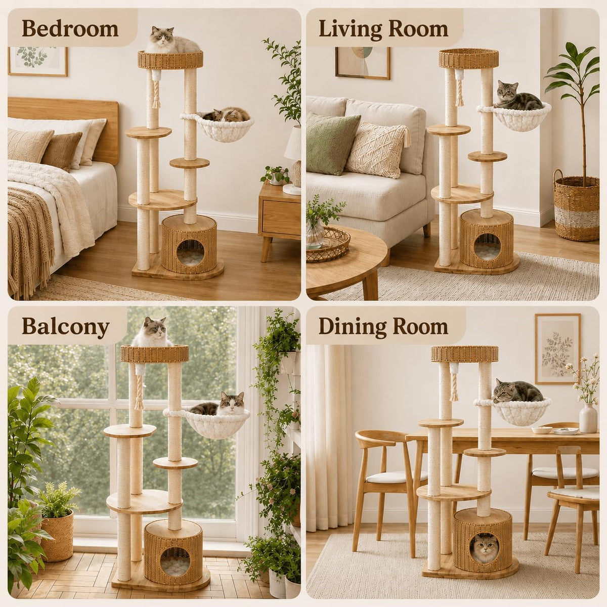 53'' Solid Wooden Cat Tree for Indoor Cats，Modern Large Cat Tower