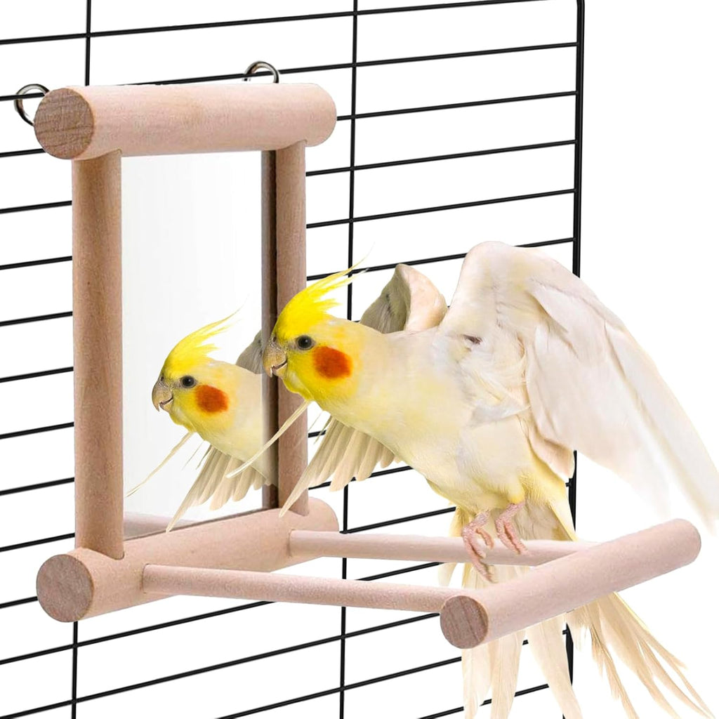 2Pcs Bird Mirror Parakeet Mirror Perch Stand Wooden Swing Mirror Toy Cage Accessories for Parrots Budgies Parakeets Cockatiels Lovebirds Finches