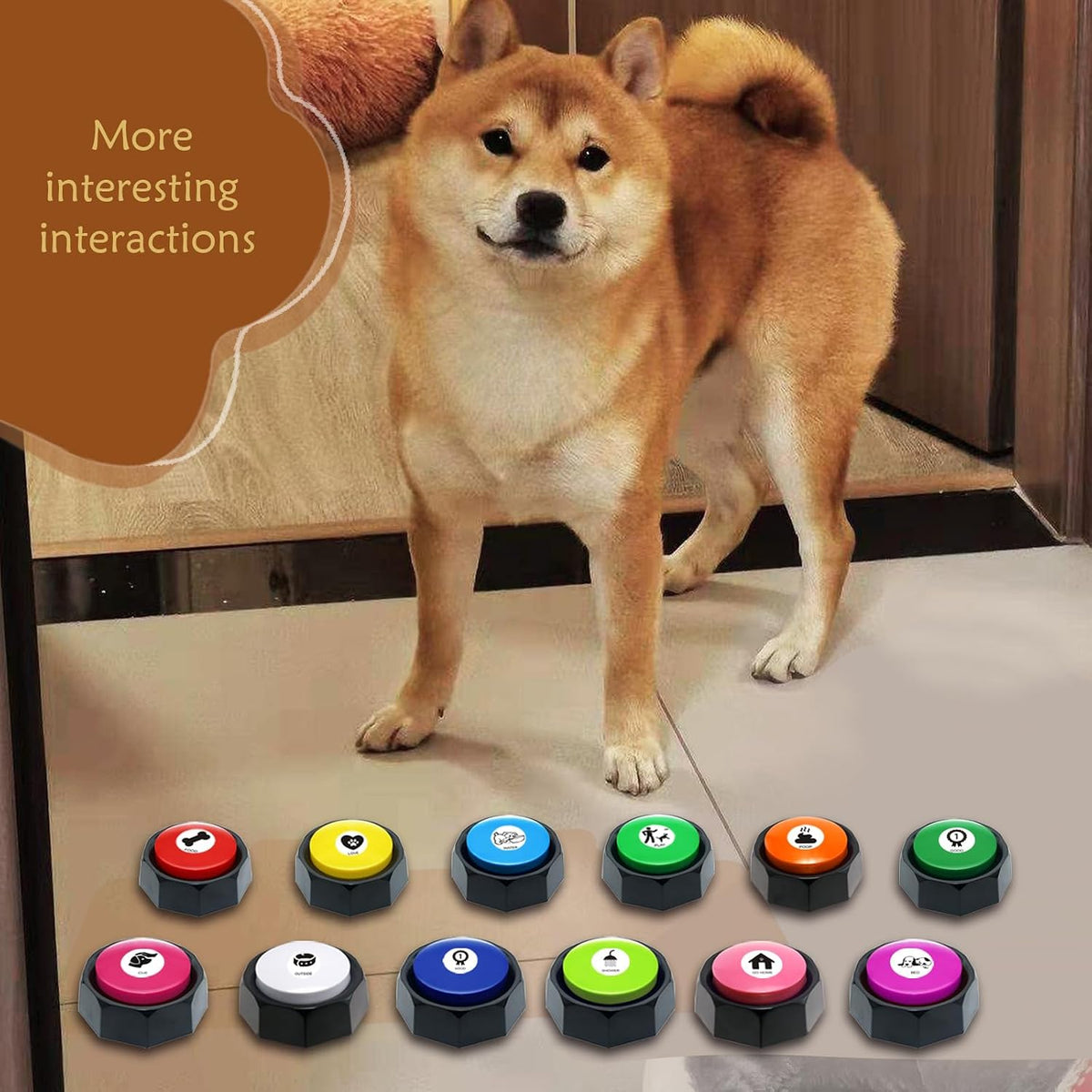 12 Color Pet Communication Buttons, Dog Buttons with 3-Mode Switch (Play/Off/Record), Talking Recordable Buttons, Includes 45 Training Stickers & Batteries for Effective Training