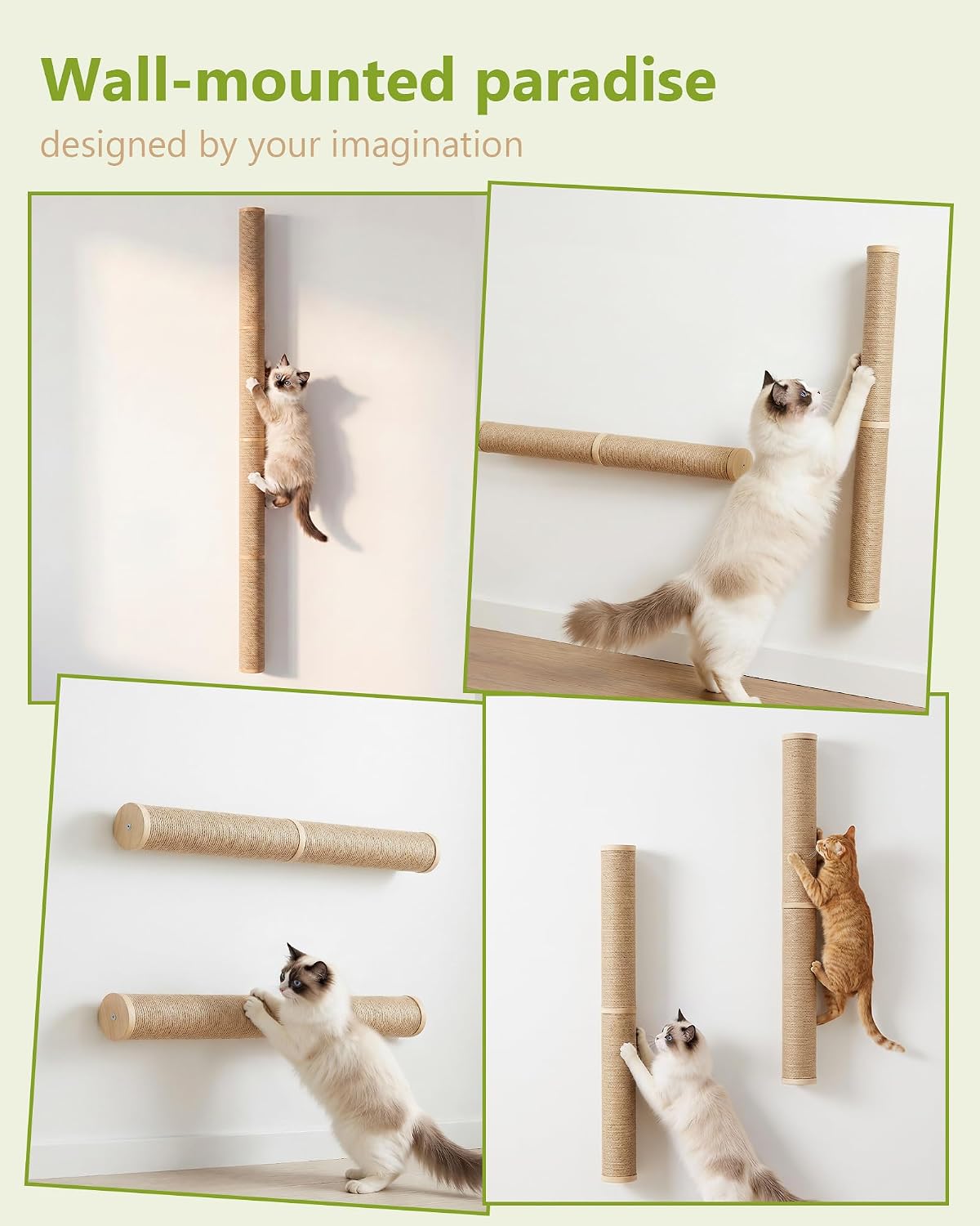 67" Cat Scratching Post Wall-Mounted for Indoor Cats(Wooden-2pc)