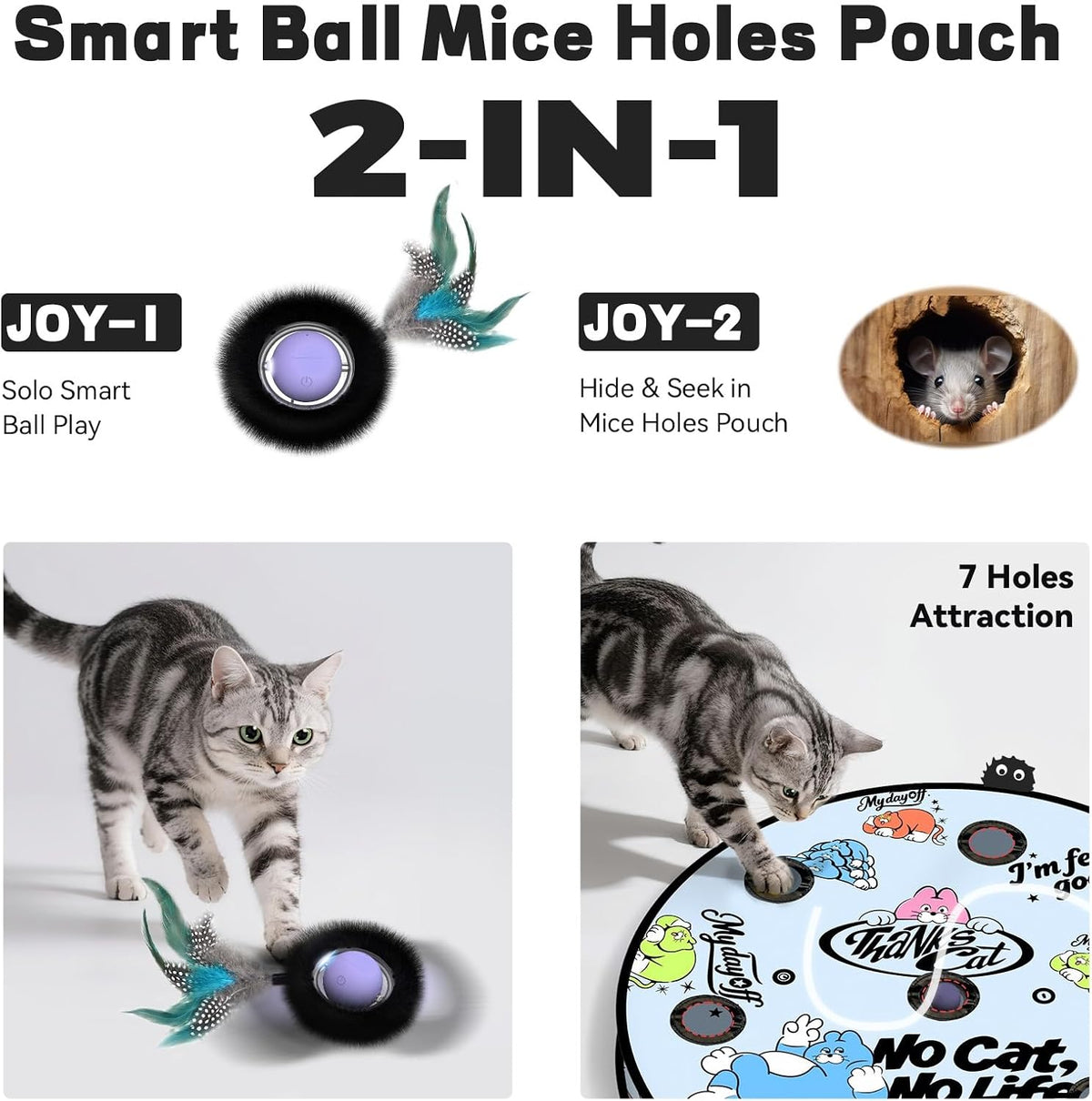 Interactive Cat Toy, Motion Activated Ball & 7 Holes Maze Hide and Seek Mat