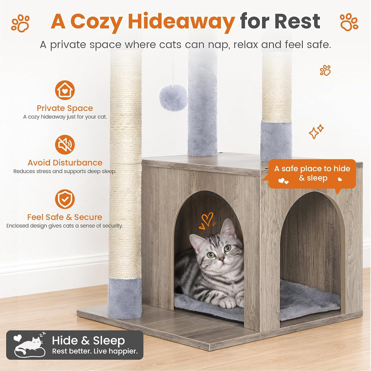 Snughome Small Cat Tree Tower for Indoor Cats, 37.4’’ Cat Tree with Feeding Station & Sisal Scratching Post for Kittens, 3-in-1 Activity Cat Tower with Cat Condo, Hanging Ball for Play Rest, Grey