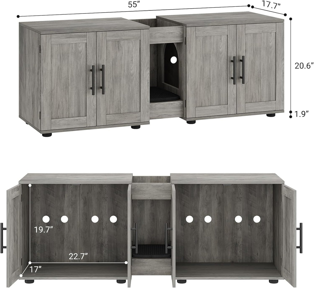 TrailBlaze Double Compartment Cat Litter Box Enclosure Cabinet for 2 Cats, Hidden Wooden Cat Washroom Furniture, Large Capacity Multi Purpose Side End Table & TV Stand for Living Room- Grey
