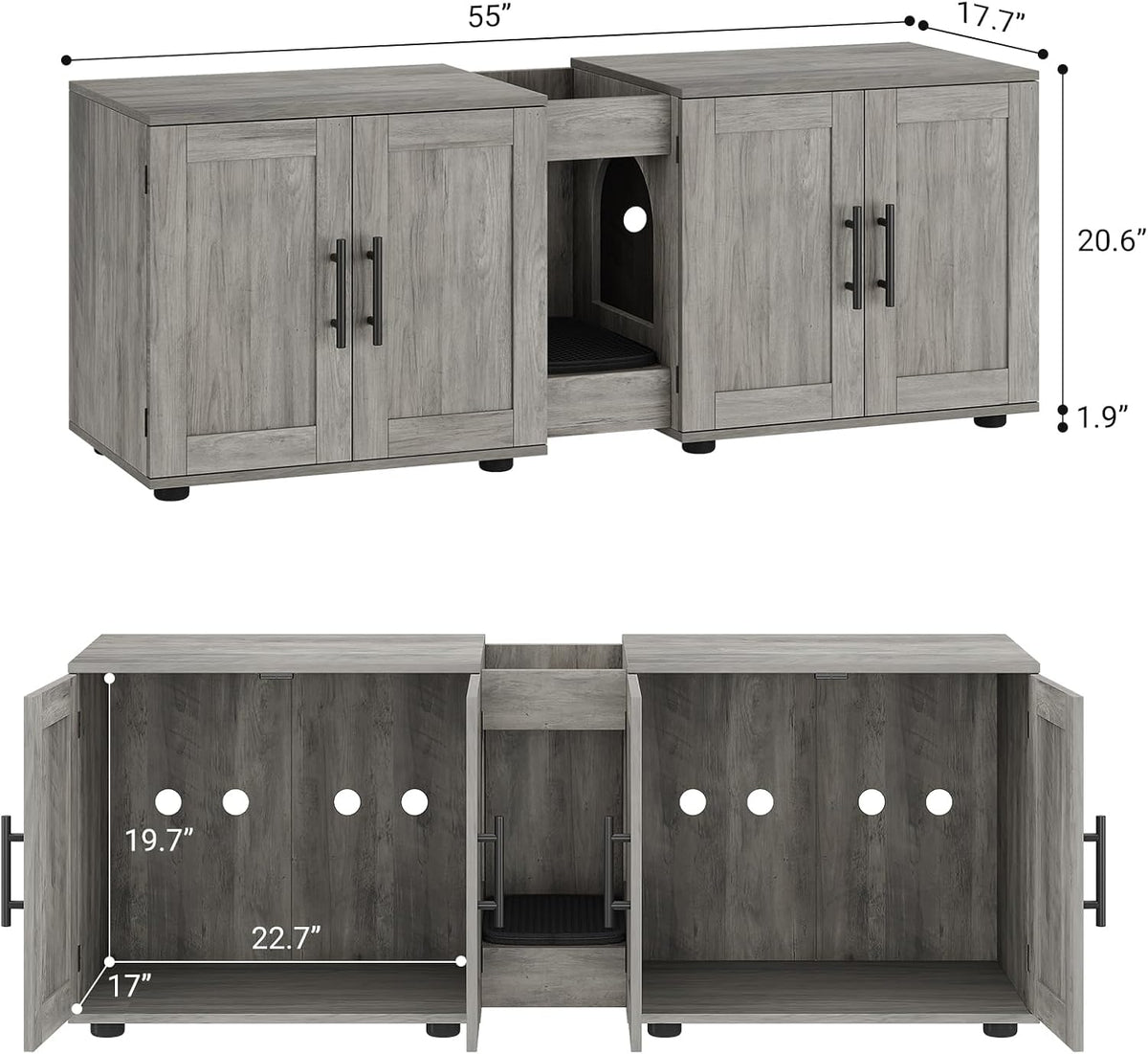 TrailBlaze Double Compartment Cat Litter Box Enclosure Cabinet for 2 Cats, Hidden Wooden Cat Washroom Furniture, Large Capacity Multi Purpose Side End Table & TV Stand for Living Room- Grey