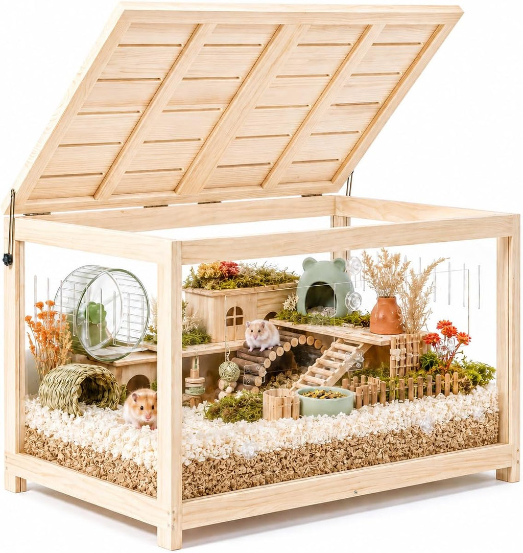Hamster Cage with Open Top, Large Hamster Enclosure 31in, Wood