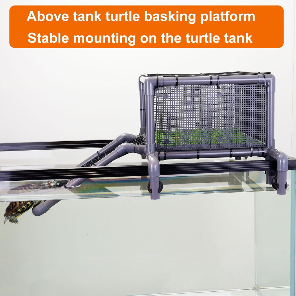 Extra Large Turtle Basking Platform, RES Basking Dock, Above Tank Dry Resting Area with Artificial Grass, Non-Slip Aquatic Turtles Ramp, Turtle Accessories for 75/90/125 Gal