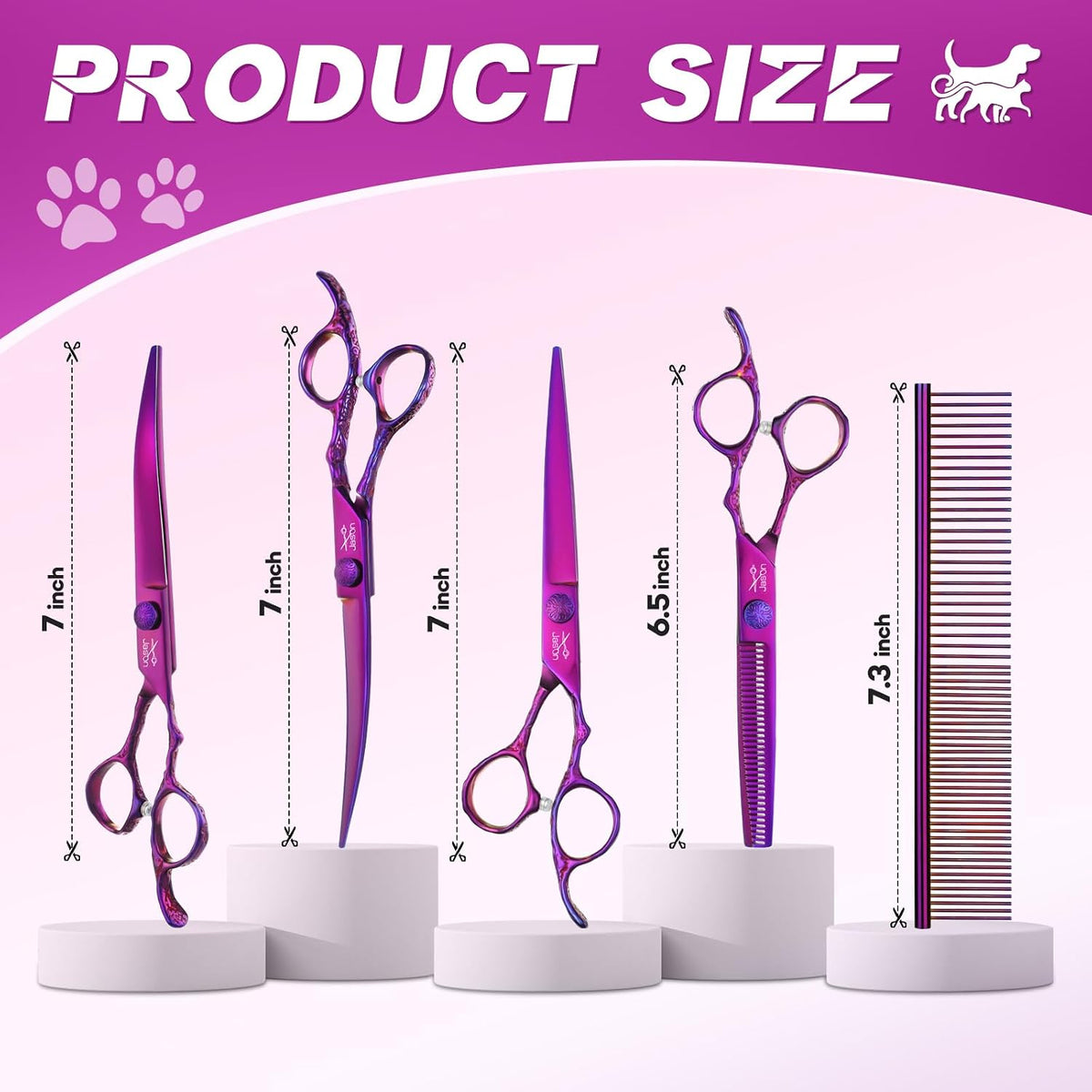 JASON Dog Grooming Scissors Set - Professional 6 in 1 Purple Shears Kit