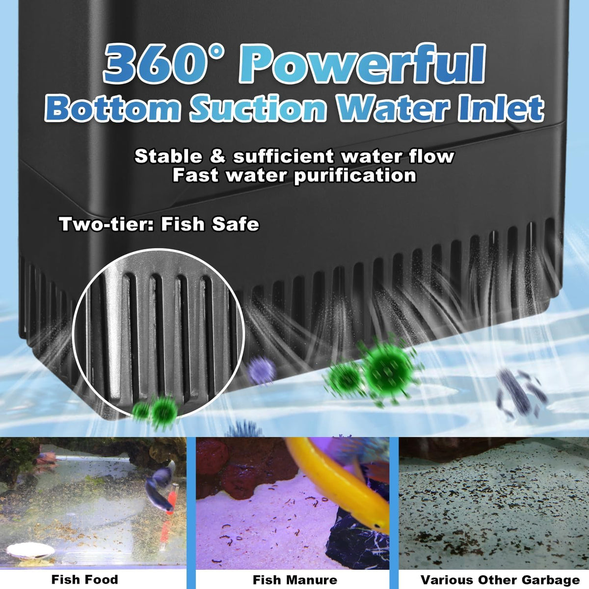 290GPH Turtle Tank Filter Aquarium Filter for 20-85 Gallon, Turtle Filter Low Water Level Available and Flow Adjustable, Turtle Water Filter for Shrimps Amphibians Turtle Tank Saltwater Freshwater
