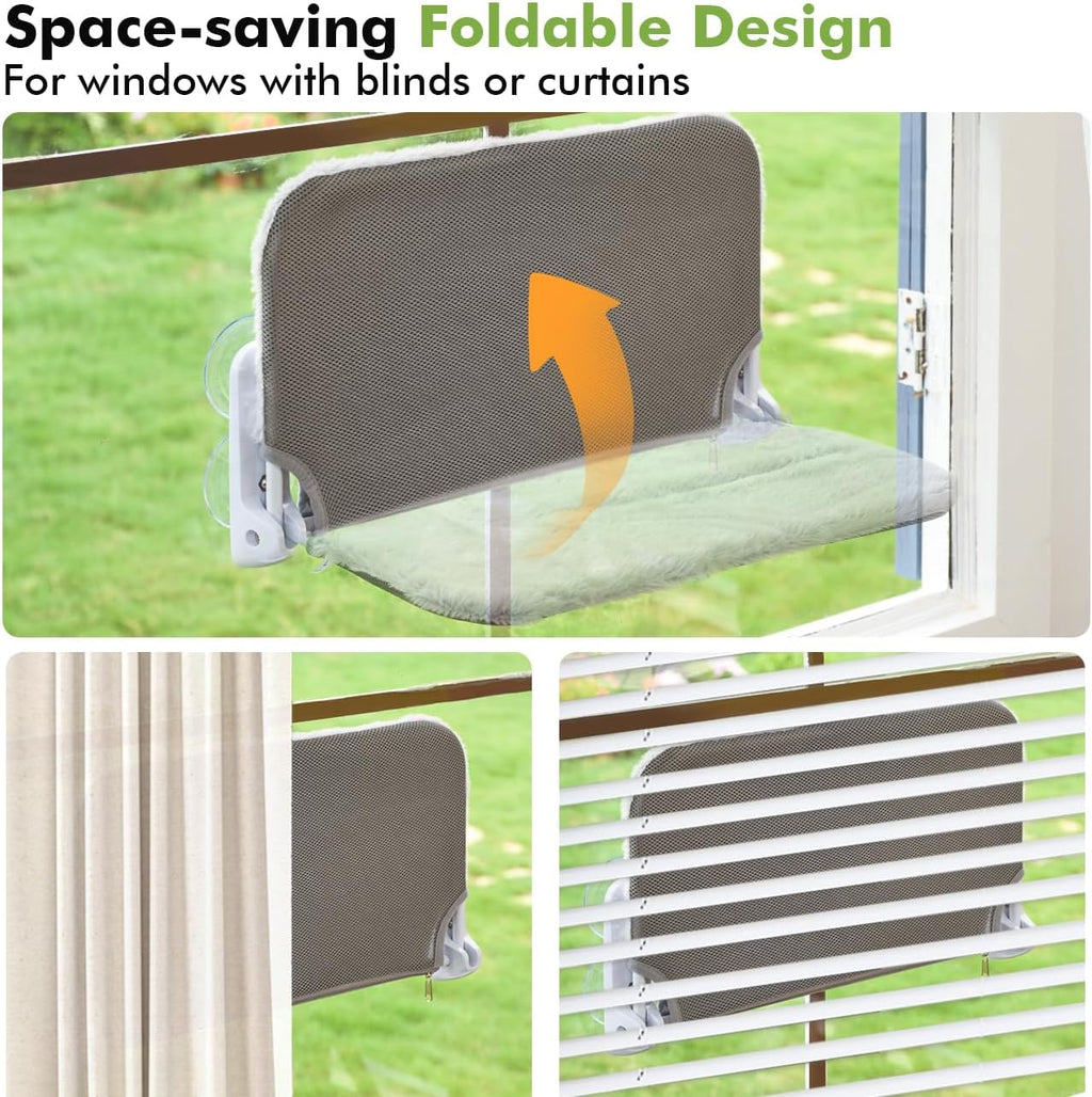 Zoratoo 2PC Cat Window Perch, Foldable & Cordless with Metal Frame, M Gray