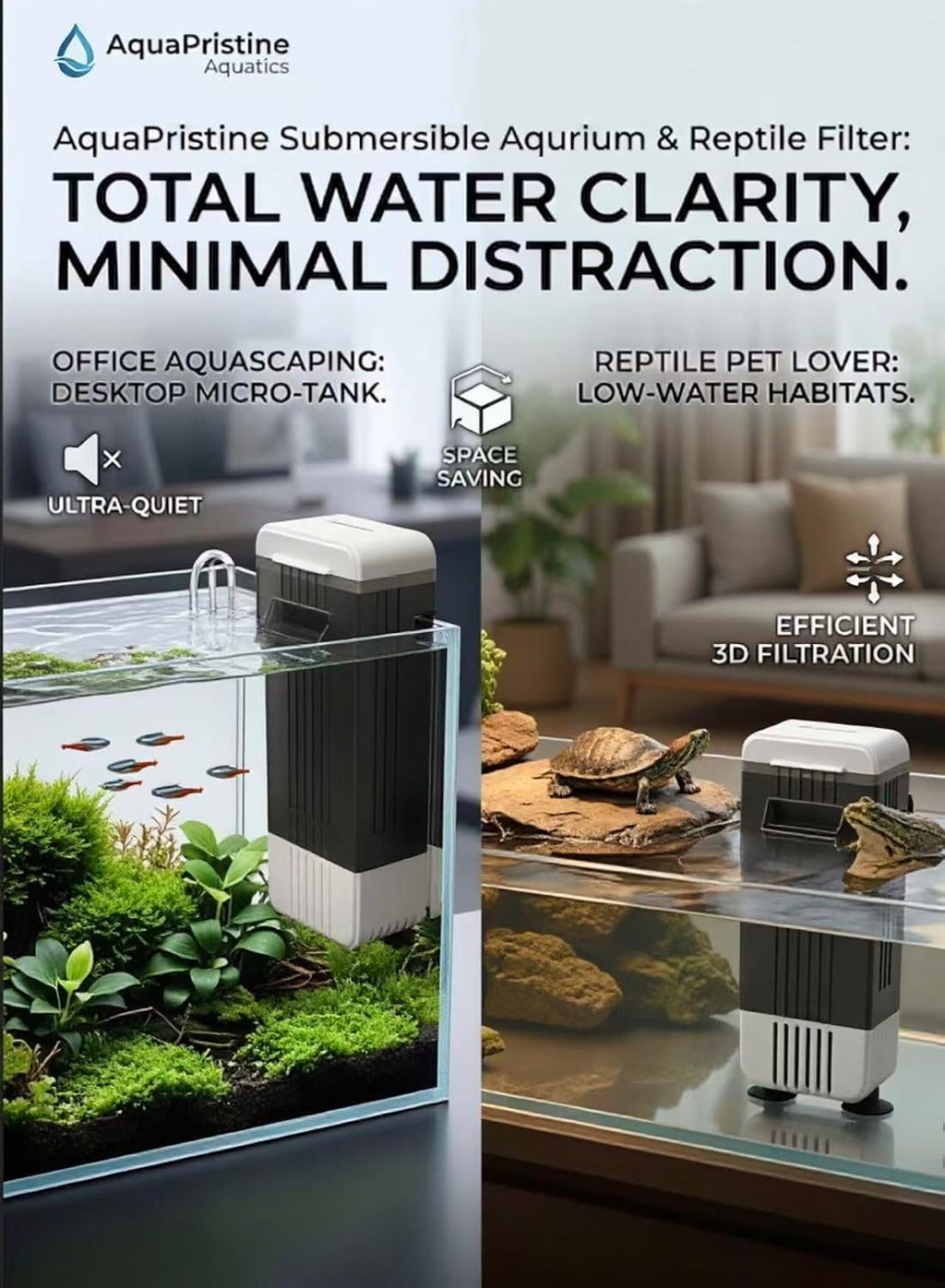 Turtle Tank Filter Aquarium Filter for 10-30 Gal. 66GPH Internal Filter 3-Stage Waterfall Bio-Filtration Low Water Level with U-V Light & Filter Sponge for Green Water