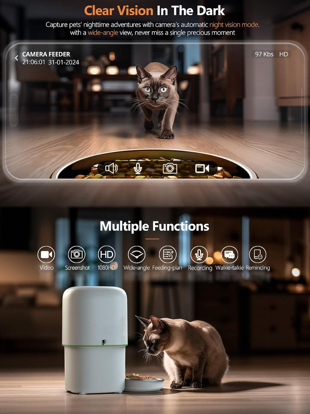 Automatic Cat Feeder with Camera - 5G WiFi Auto Cat Food Dispenser, 1080P HD Video with Night Vision, 1-15 Meals, 1-99 Portions, 2-Way Audio, Keeps Food Fresh, 4L Timed Pet Feeder Also for Dogs