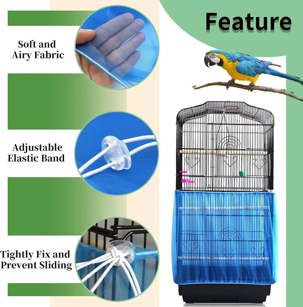 Daoeny 2Pcs Universal Bird Cage Cover, Adjustable Seed Feather Catcher, Soft Airy Nylon Mesh Parrot Net, Birdcage Cover Skirt Sheer Guard for Round Square Cages (Green+ Blue)