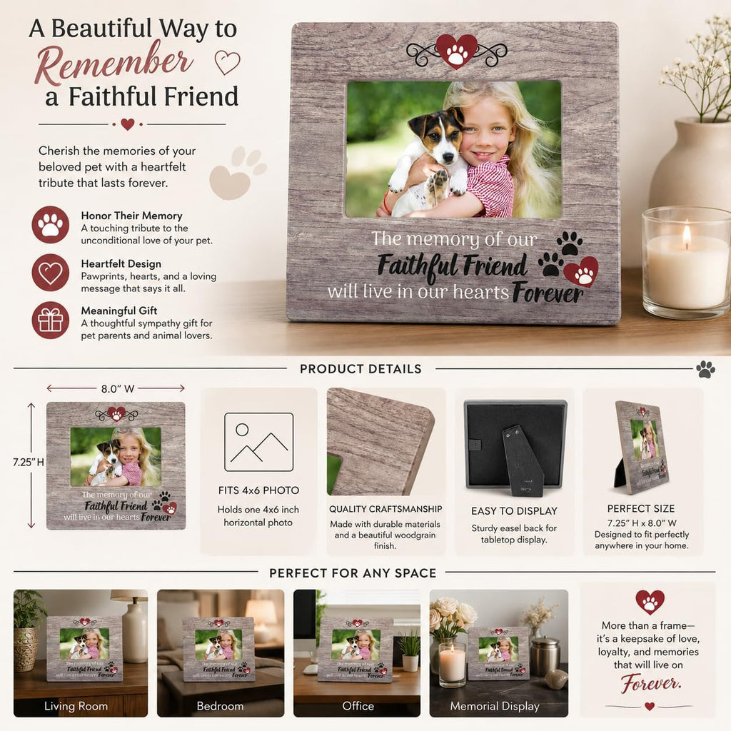 Dog Memorial Picture Frame for Loss of Pet – Pawprints & Hearts Pet Remembrance Frame - Sympathy Quote – “The Memory of Our Faithful Friend Will Live in Our Hearts Forever” – 4x6 Photo - 7.25 x 8 Inch