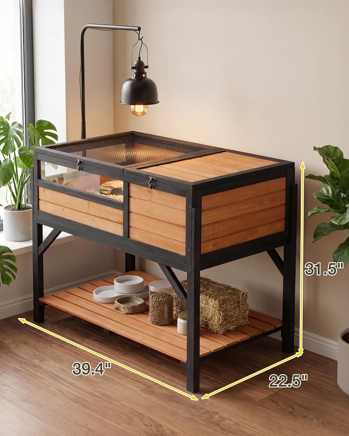 Wooden Tortoise Habitat with Detachable Legs & Adjustable Lamp Holder – Reptile Terrarium for Small Animals