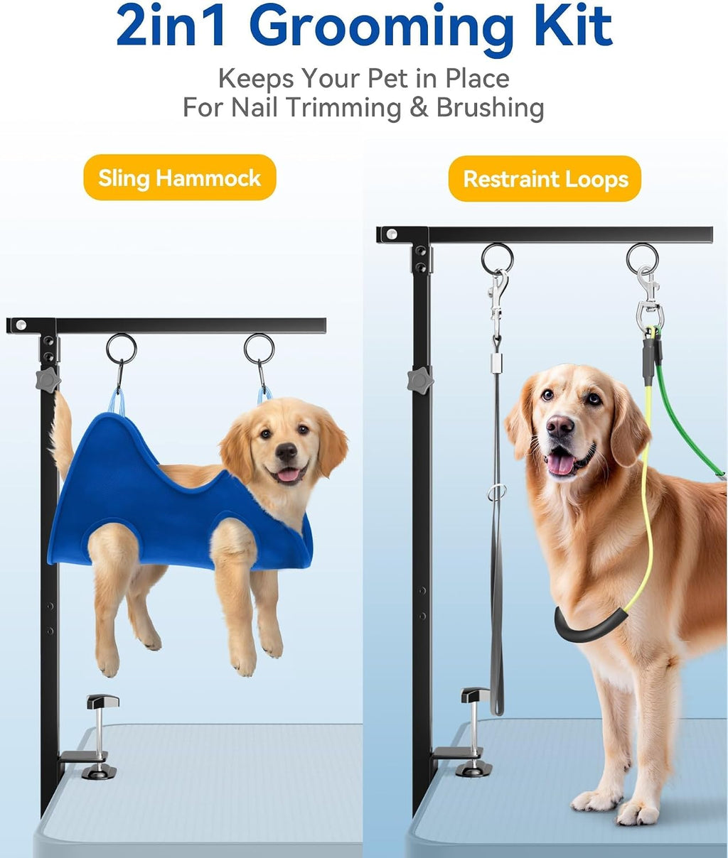 Adjustable Foldable Dog Grooming Arm with Clamp, 26–40 in Height, Safety Hammock & No-Sit Holders, Grooming Restraint for Small & Medium Dogs