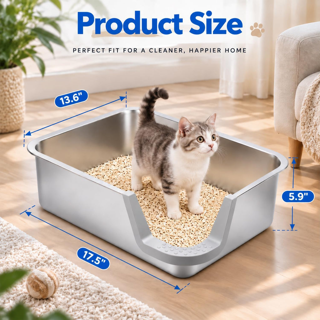 Low Entry Stainless Steel Cat Litter Box, 17.5" L x 13.6" W x 6" H