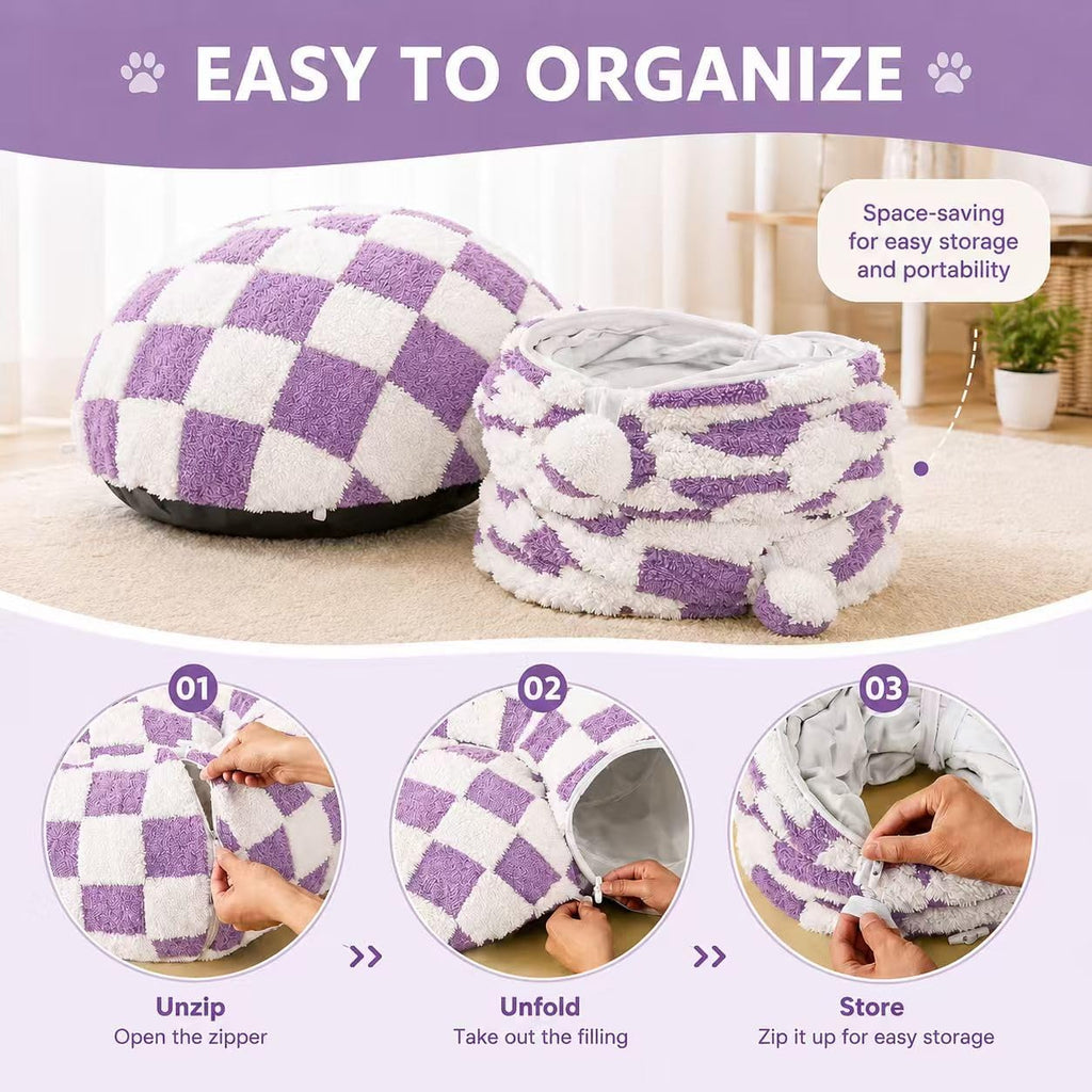 Cat Tunnel Bed with Washable Cushion for Indoor Cat, Donut Cave Tube Toys for Kitten Puppy Rabbit, Purple