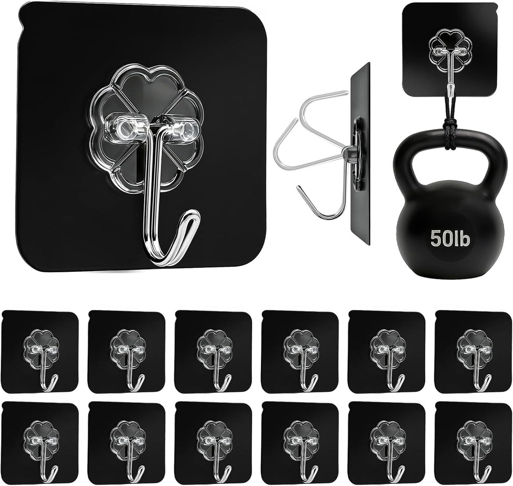 DDMY Black Heavy Duty Adhesive Hooks 2026 Upgraded 50lbs（Max） Sticky Wall Hooks for Hanging 12 Pack No Damage Hook Strong Waterproof Bathroom, Kitchen, Shower,Ceiling, Office and Outside Decor Hanger