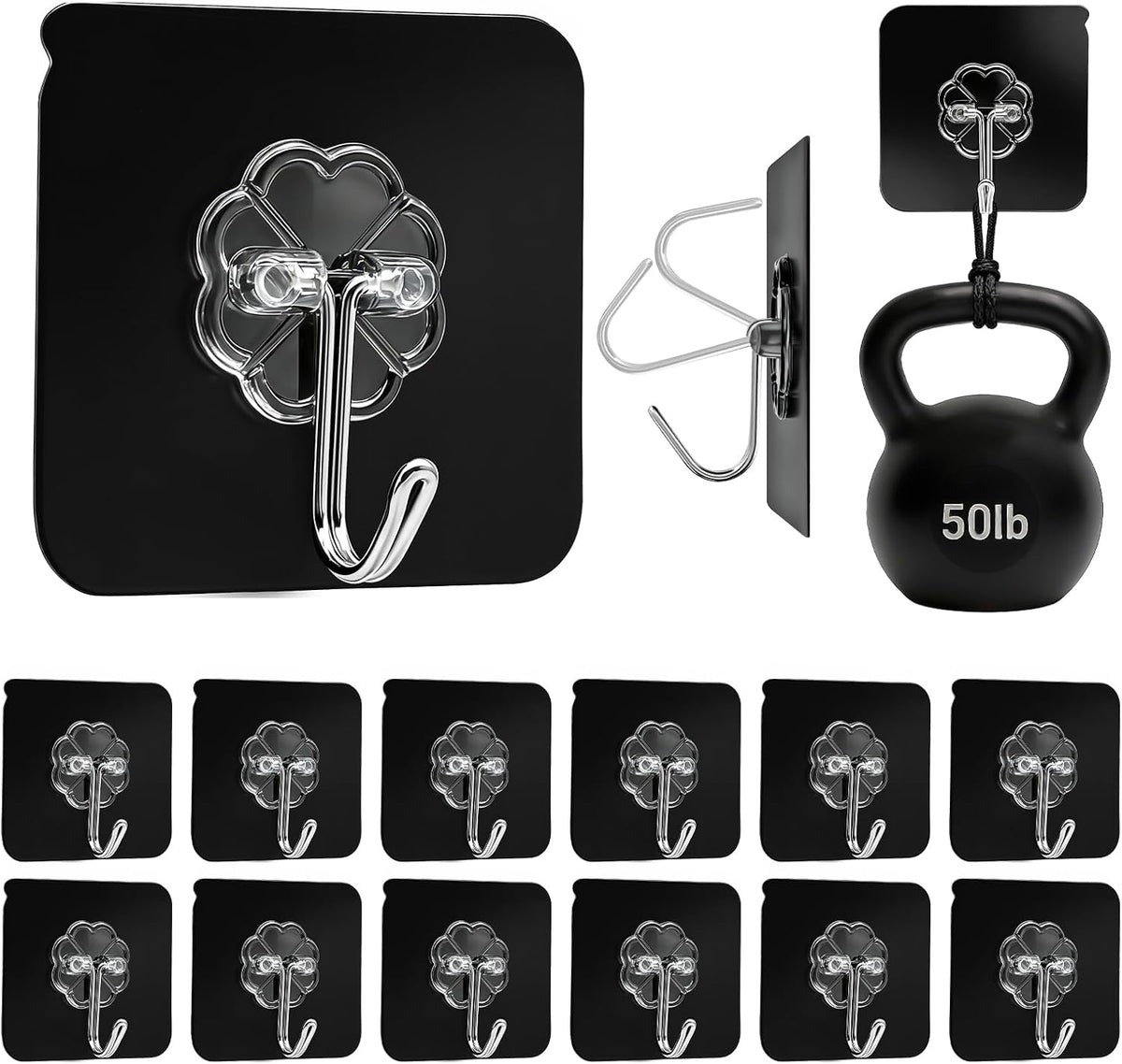 DDMY Black Heavy Duty Adhesive Hooks 2026 Upgraded 50lbs（Max） Sticky Wall Hooks for Hanging 12 Pack No Damage Hook Strong Waterproof Bathroom, Kitchen, Shower,Ceiling, Office and Outside Decor Hanger