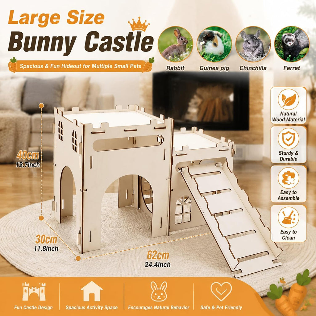 Rypet Large Wooden Rabbit Castle, Bunny Castle Hideout with Stairs