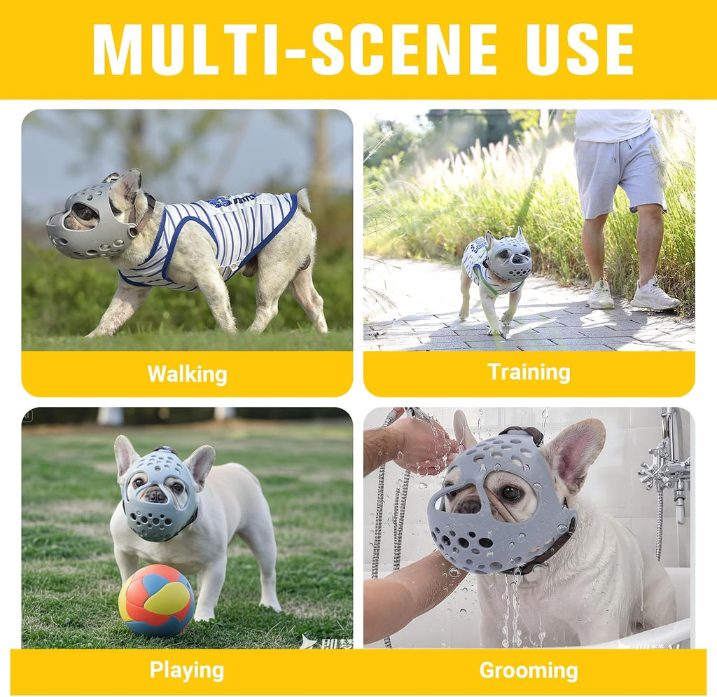 Short Snout Dog Muzzle for French Bulldogs & Pugs - Soft Breathable Anti-Biting, Adjustable Fit for Grooming, Walking, Training - Comfortable Snub-Nose Design for Small/Medium Dogs (Grey, M)