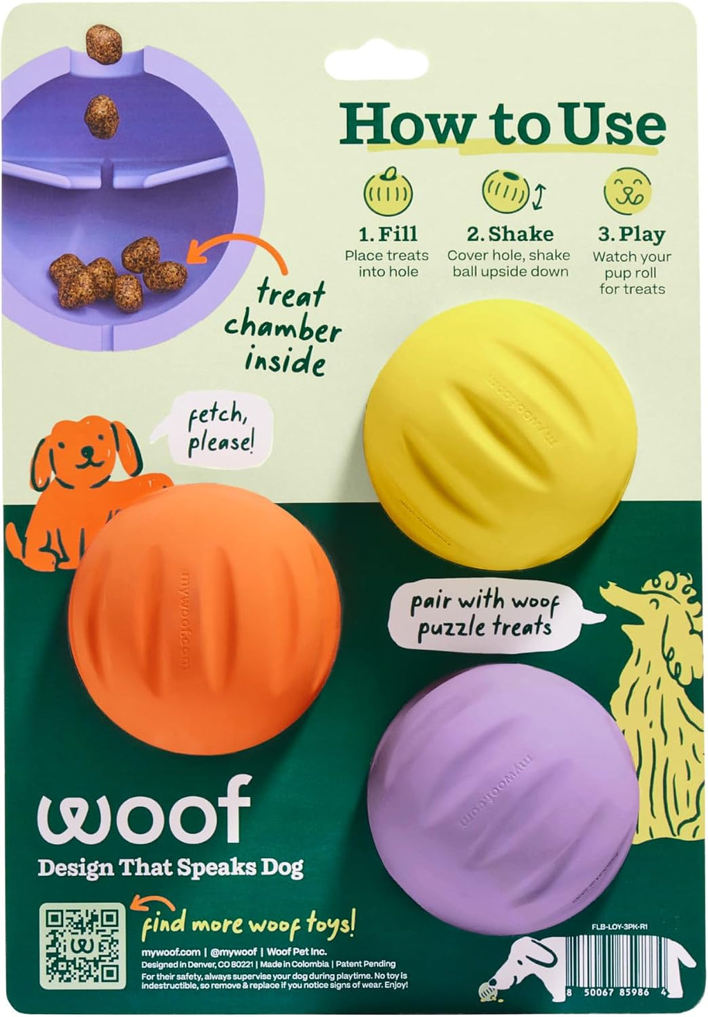 WOOF Flyball Fetch Ball & Dog Treat Dispenser Toy, 3-Pack