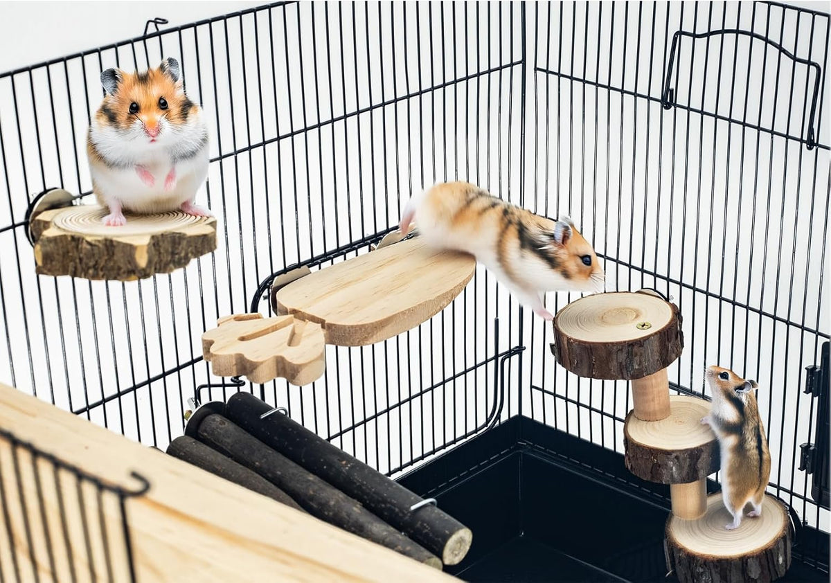 Space Expanding Natural Wood Hamster Platform Set, DIY Small Animal Playground Accessories for Hamster Cage, Climbing & Resting Toys with Adjustable Screws for Hamsters, Chinchillas, Gerbils