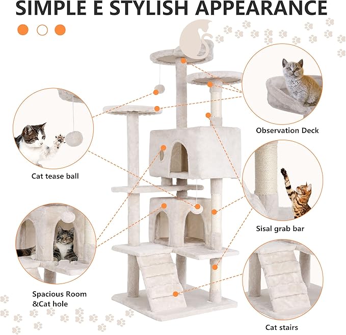 BestPet | 54" Cat Tree Tower | Beige | Sturdy, Hanging Cat Toys, Observation - Image 6
