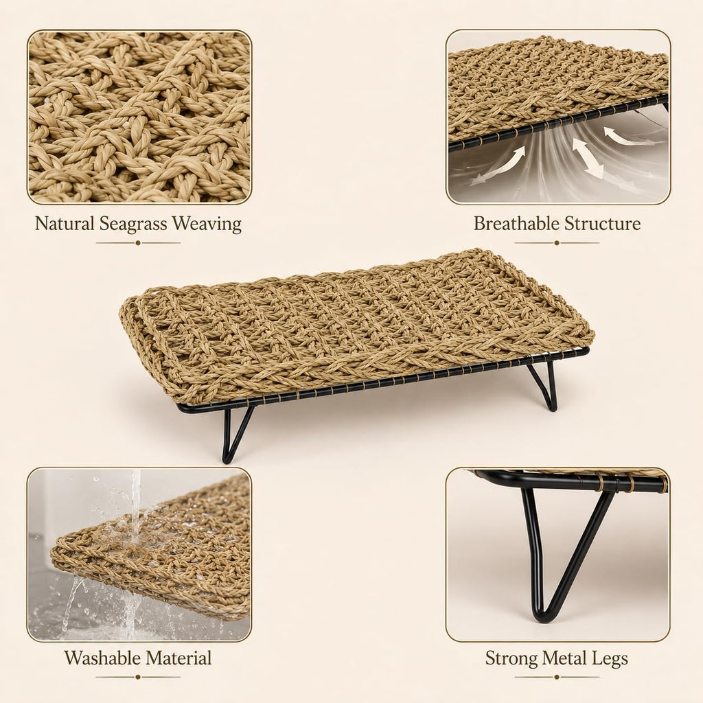 Natural Seagrass Reptile Hammock Bed with Adjustable Metal Legs, Large Elevated Resting Platform for Bearded Dragon, Lizard, Gecko, Snake, Turtle & Terrarium Pets, Includes Humidity Meter