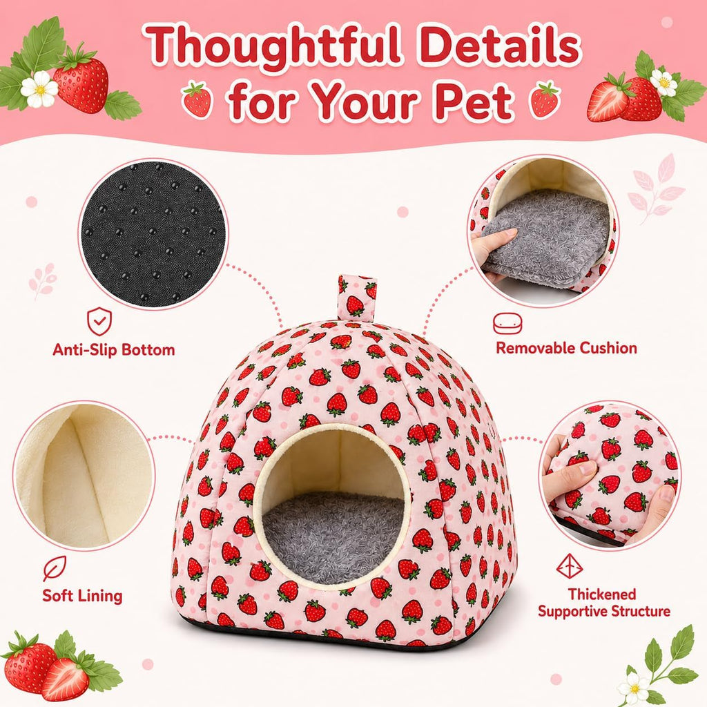 Guinea Pig Hideout Tunnel Set, 2 Pack Washable Small Animal Bed with Removable Cushion, Hamster Hideout Play Tunnel Toys for Guinea Pigs, Hamsters, Hedgehogs, Ferrets, Pink Strawberry