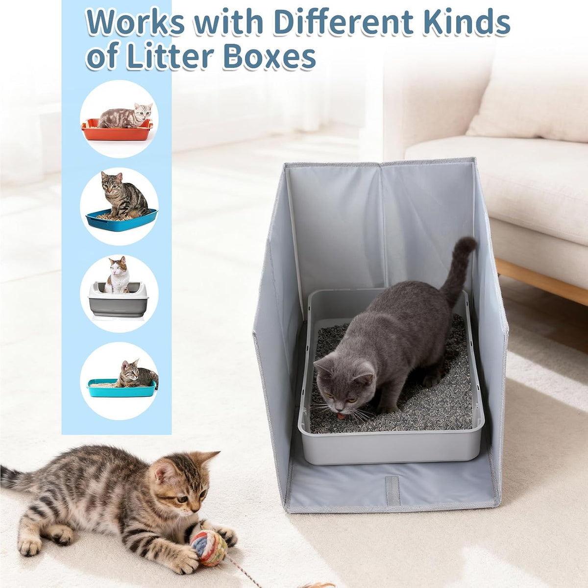 Kifmurase Foldable Cat Litter Box Enclosure, All-in-One Box Splash Guard for Pet Litter Pan, Open Top Side Shield Pad with 2 Hooks for Scoop and Removable Mat, Easy Clean Pee Pad Holder, 24x17x16 Inch