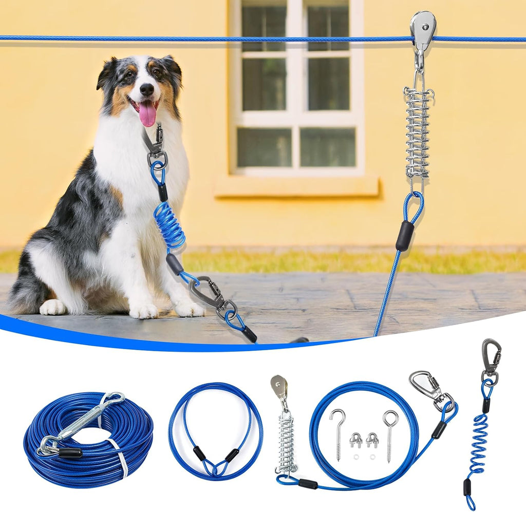 Dog Runner for Yard,Double Shock Absorption Dog Trolley System for Large Dogs,Heavy Duty 50FT Tie Out Run Cable with 10FT Leads,for Dogs Up to 250LBS,Aerial Zipline for Outside,Camping