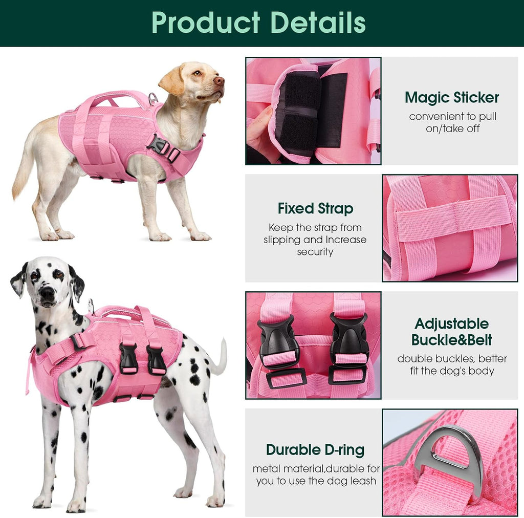 Kuoser Dog Life Jacket, High Flotation Reflective Dog Life Vest, Pink, M