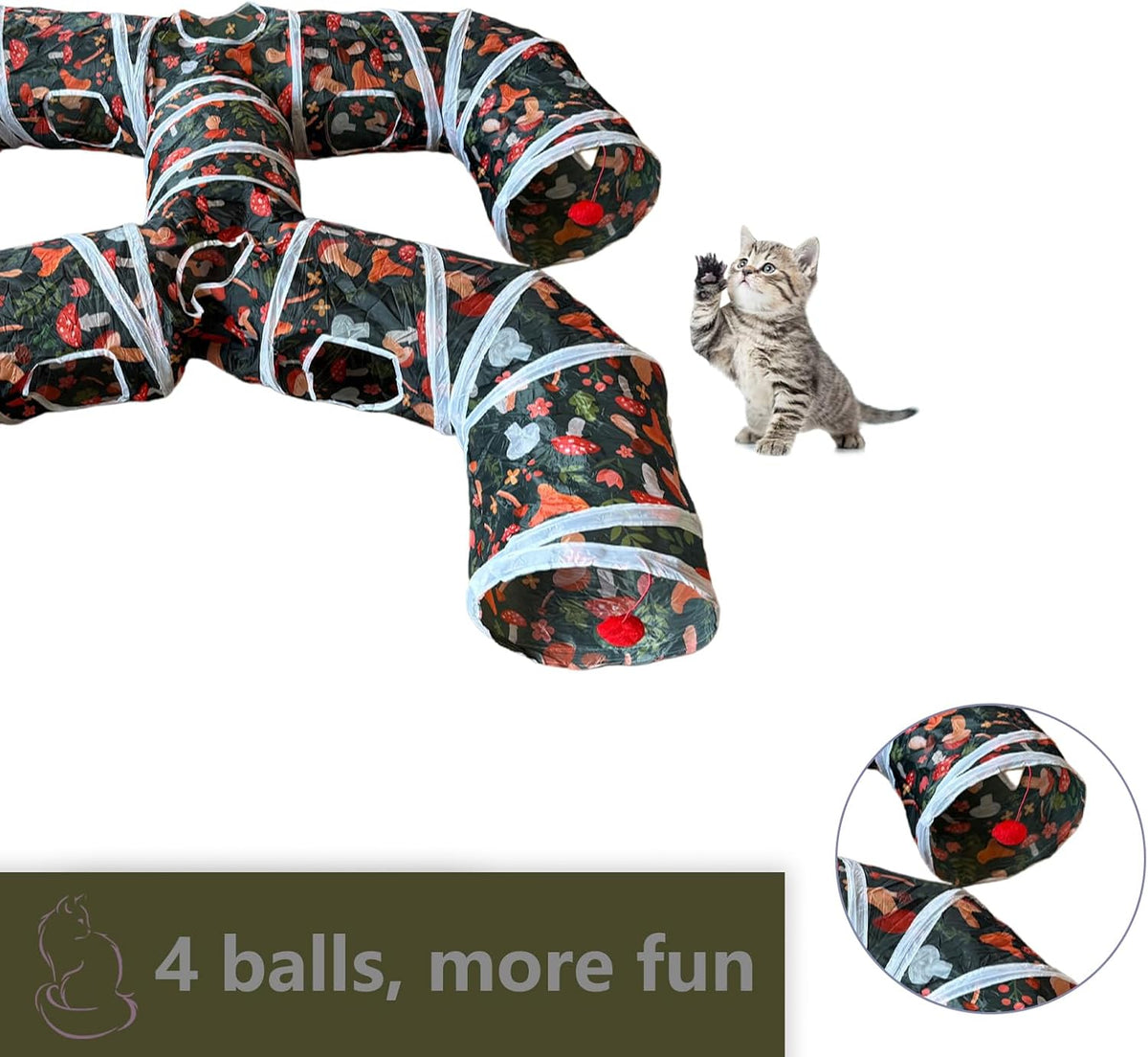 Foldable H-Shaped Cat Tunnel Toy with Interactive Playing Balls - 4 Exits for Cats, Kittens, Rabbits & Small Pets Collapsible Play Tube for Indoor Fun & Exercise