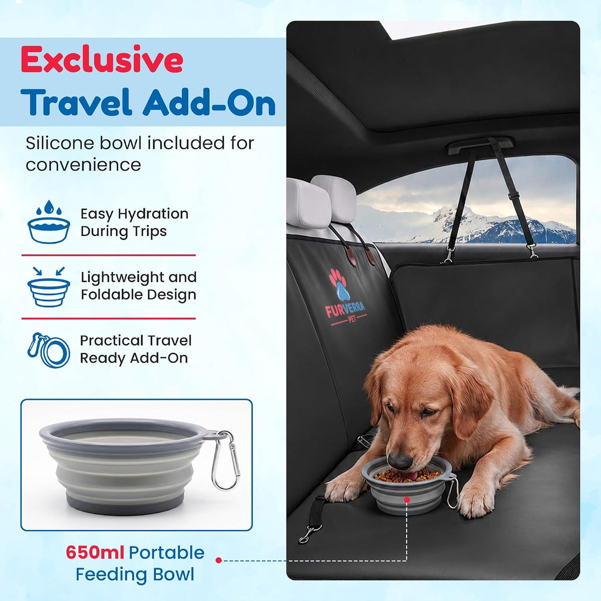 Back Seat Extender for Dogs with Hard Bottom, Dog Back Seat Protector with Silicon Pet Bowl, Mesh Window & Extra Pockets, Waterproof, Hammock Style, Anti Scratch, Holds up to 400lbs
