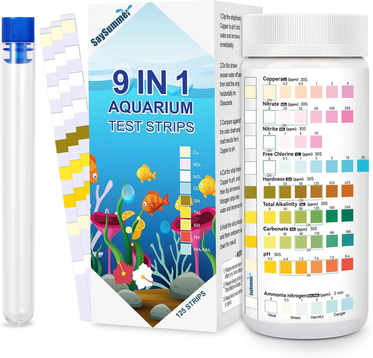 Aquarium Test Strips for Fish Tank: 9 in 1 Aquarium Ammonia Test Strips for Fish Tank - 125 Counts Aquarium Water Test Kit Testing Ammonia Nitrogen, Copper, pH and More