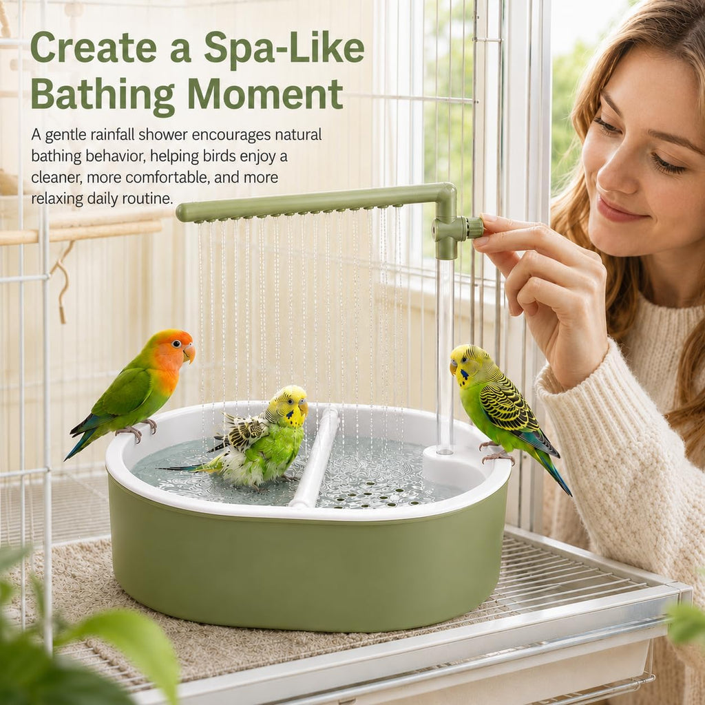 Bird Bath for Cage, Automatic Parakeet Bird Shower Fountain with 4 Natural Rattan Balls, Waterproof Mat, Adjustable Valve, Hidden Cable Pump, Dual Perch, Indoor Parrot Bathing Set, Light Green